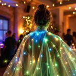 Soirée déguisée : tenues et thèmes qui surprennent personne-portant-une-cape-en-fibres-optiques-led-lors-dune-fete-en-interieur-la-cape-diffuse-des-filets-de-lumiere-bleue-et-verte-mouvements-subtils-ambiance-chaleureuse-avec-eclairages-ponct