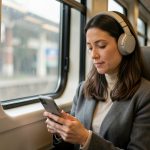 7 erreurs à éviter avec les livres audio développement personnel gratuits Une femme adulte assise dans un train moderne, écoute un livre audio via un smartphone avec un casque, ambiance calme et tons sobres.