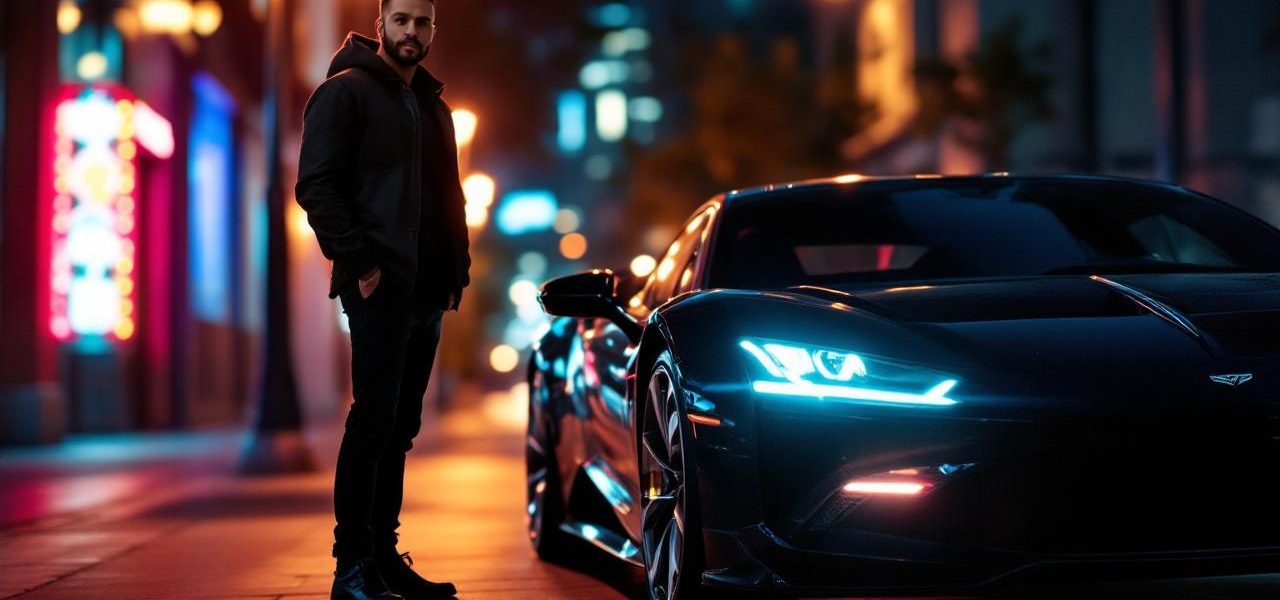 Influenceur automobile près d’une voiture haut de gamme dans un décor urbain luxueux, éclairage cinématographique et ambiance éditoriale façon magazine.