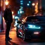 Influenceur automobile près d’une voiture haut de gamme dans un décor urbain luxueux, éclairage cinématographique et ambiance éditoriale façon magazine.