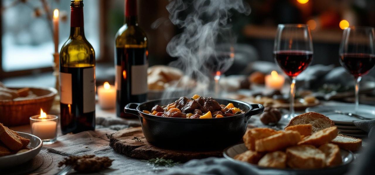 Table d’hiver conviviale avec une cocotte en fonte fumante contenant un civet de sanglier, du pain et des légumes rôtis, ainsi que des verres de vin rouge sous une lumière chaude de dîner familial.