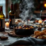 Civet de sanglier : guide pratique pour un repas d’hiver convivial Table d’hiver conviviale avec une cocotte en fonte fumante contenant un civet de sanglier, du pain et des légumes rôtis, ainsi que des verres de vin rouge sous une lumière chaude de dîner familial.