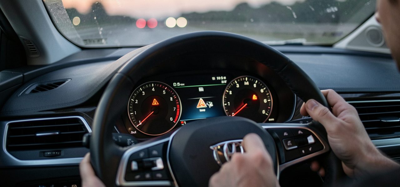 Vue réaliste du tableau de bord d’une voiture avec un témoin d’alerte lié au système d’injection allumé, reflets discrets, et mains du conducteur attentives sur le volant, ambiance éditoriale automobile.