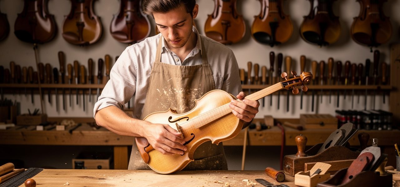 Jeune adulte homme dans un atelier de lutherie française, travaillant un violon sur un établi lumineux, entouré d’autres violons et d’outils en bois.
