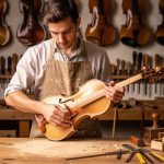 Comment devenir luthier en France et vivre de la lutherie Jeune adulte homme dans un atelier de lutherie française, travaillant un violon sur un établi lumineux, entouré d’autres violons et d’outils en bois.