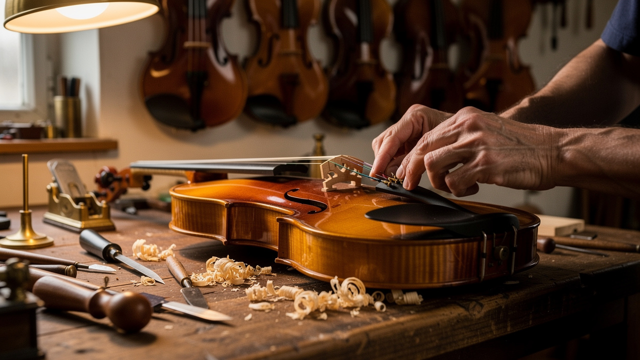 Un luthier règle le chevalet d’un violon sur un établi en bois, entouré de copeaux et d’instruments anciens.
