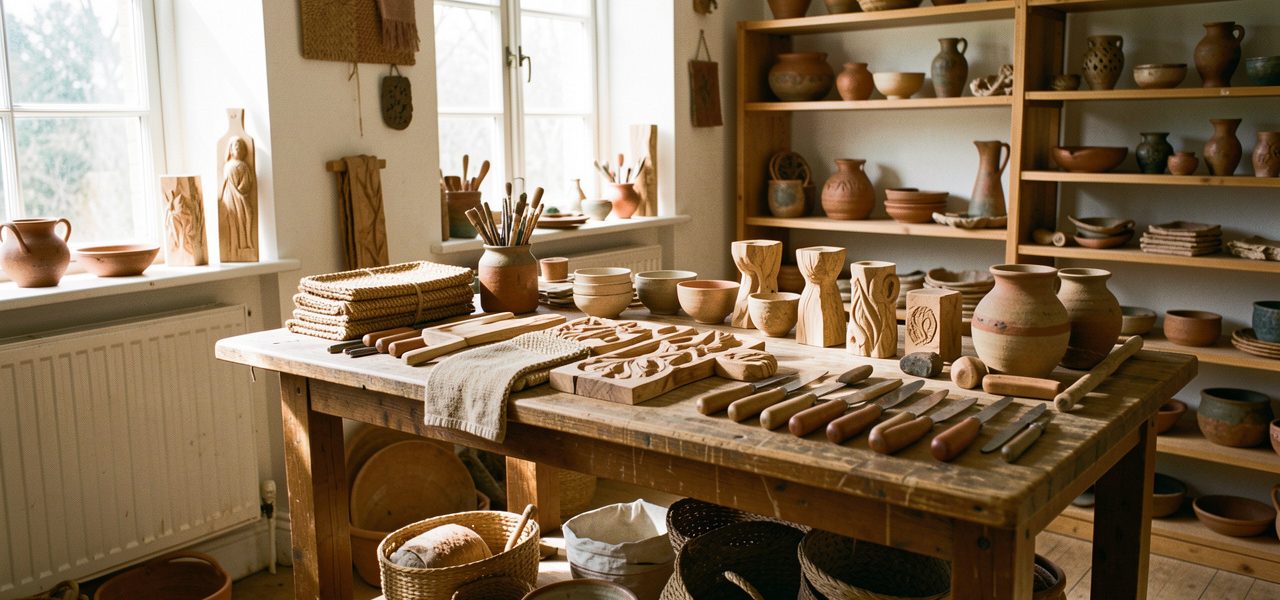 Atelier lumineux d’artisan d’art avec établi en bois, outils manuels soigneusement rangés et créations artisanales variées.