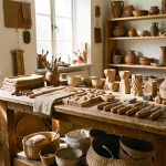 Reconversion métiers d’art : formations, revenus et débouchés Atelier lumineux d’artisan d’art avec établi en bois, outils manuels soigneusement rangés et créations artisanales variées.