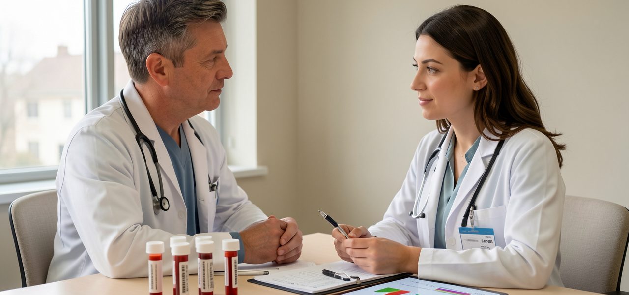 Un homme adulte échange avec une médecin dans un cabinet médical lumineux au sujet d’un bilan sanguin hormonal.
