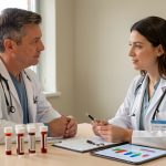 Comment reconnaître un déséquilibre de testostérone et obtenir un diagnostic fiable ? Un homme adulte échange avec une médecin dans un cabinet médical lumineux au sujet d’un bilan sanguin hormonal.