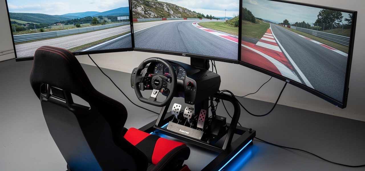 Cockpit moderne de simulateur de course automobile avec volant à retour de force, pédalier et triple écran montrant un circuit réaliste dans une ambiance intérieure éclairée de bleu.