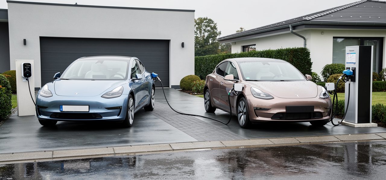 Deux voitures compactes comparables, l’une électrique branchée à une borne domestique et l’autre essence dans une station-service, photographiées de manière réaliste.