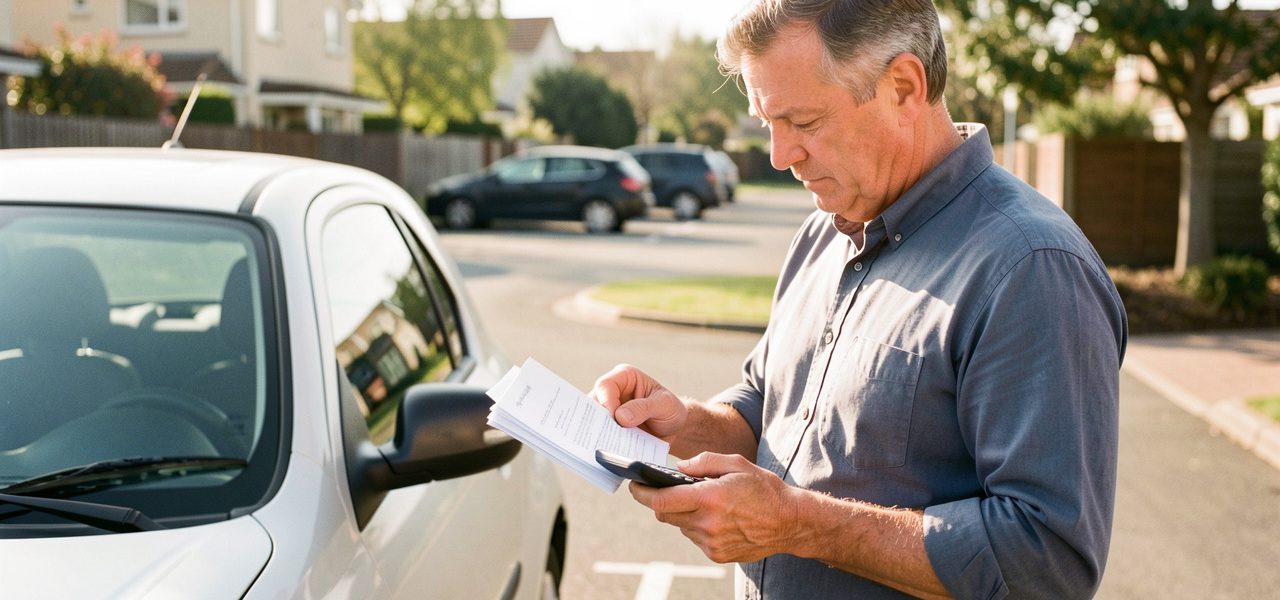 Un homme consulte son budget automobile à côté de sa voiture dans un environnement quotidien lumineux.
