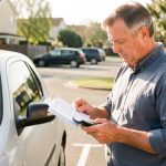 Un homme consulte son budget automobile à côté de sa voiture dans un environnement quotidien lumineux.