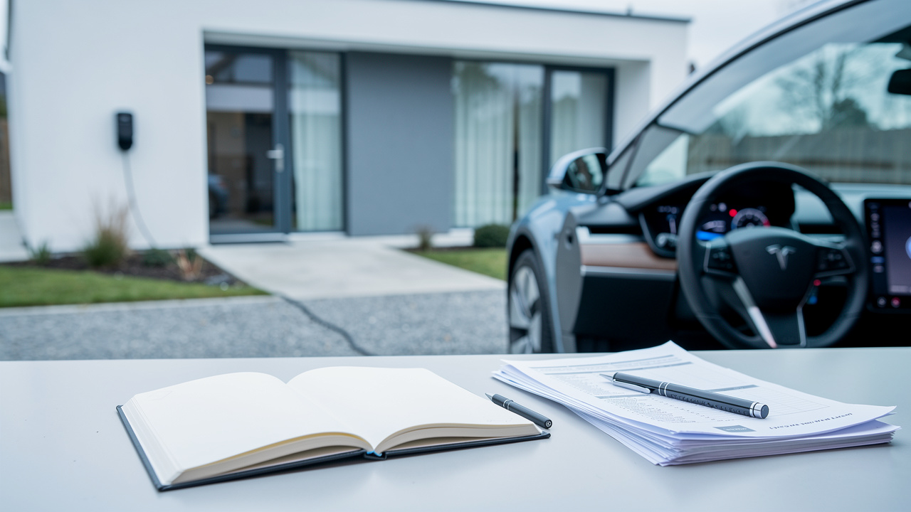 Voiture électrique en recharge à domicile, avec un tableau de bord et un carnet vierge évoquant l’évaluation de son coût total de possession.