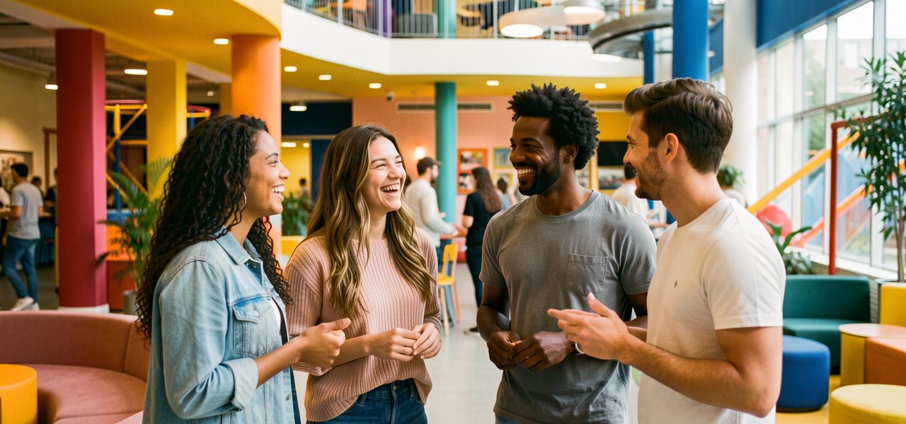 Groupe de quatre jeunes adultes souriants échangeant dans un espace de loisirs couvert, moderne, coloré et chaleureux.