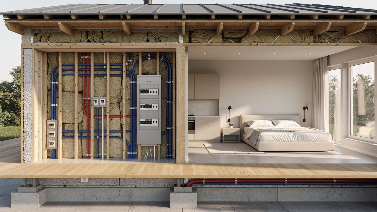 Vue intérieure en coupe d’une maison rénovée montrant les réseaux, l’isolation, les cloisons, les revêtements et les finitions.