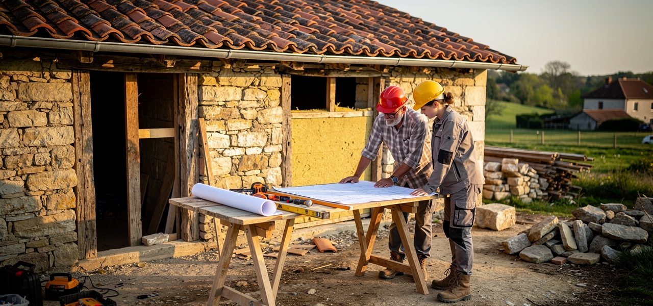 Maison ancienne en rénovation avec toiture réparée, murs ouverts et deux artisans examinant les plans du chantier.
