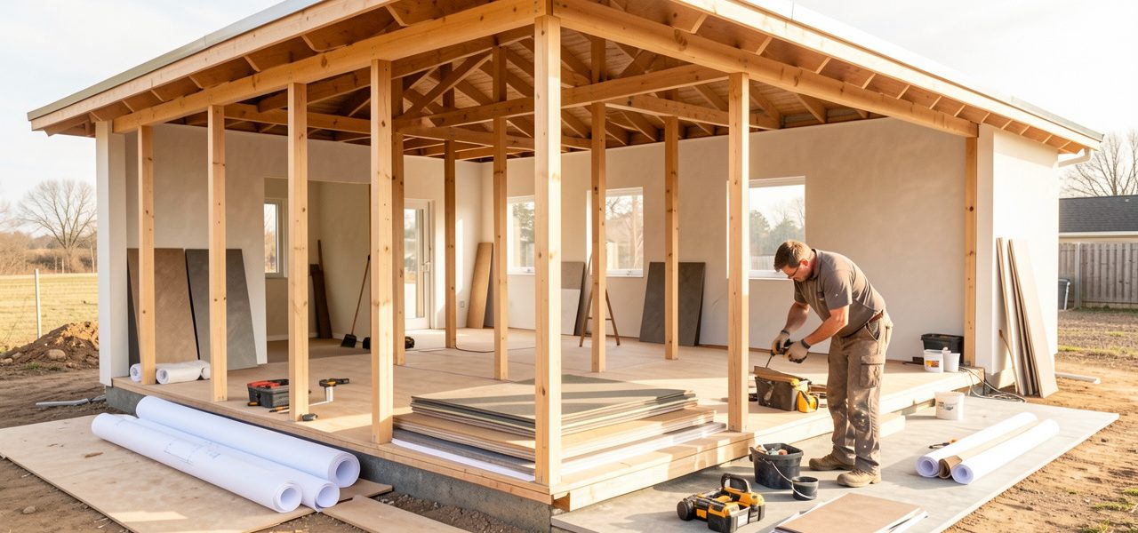 Maison en rénovation vue en coupe, avec plans vierges, échantillons de matériaux et artisan préparant un chantier baigné de lumière.