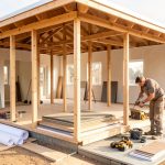 Projet d’amélioration de l’habitat : guide pratique Maison en rénovation vue en coupe, avec plans vierges, échantillons de matériaux et artisan préparant un chantier baigné de lumière.