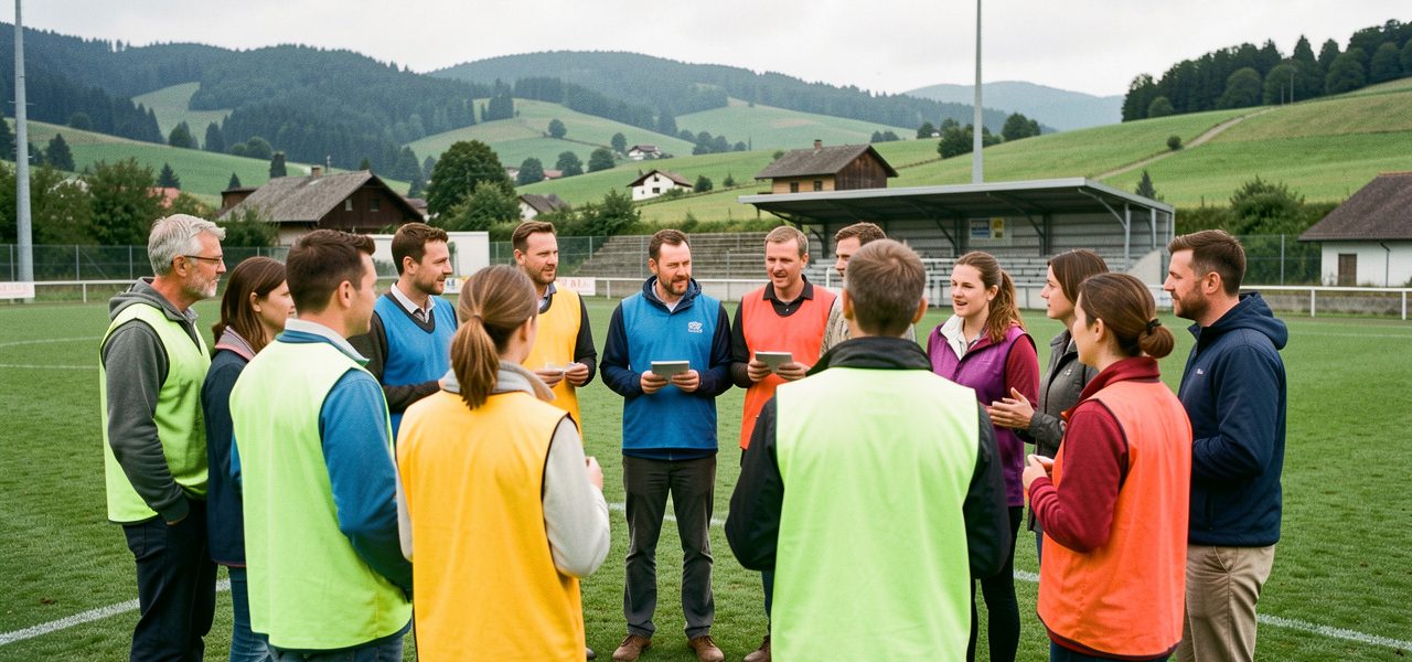 Groupe mixte de demandeurs d’emploi et de recruteurs portant des chasubles colorées, réunis pour un atelier collectif sur un terrain de football dans le Jura.