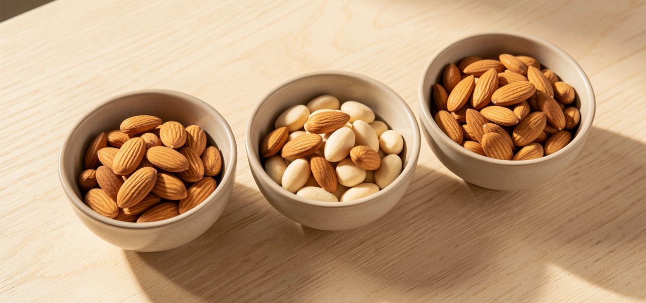 Trois bols contenant des amandes entières avec leur peau, des amandes blanchies et des amandes grillées à sec sur une table claire.