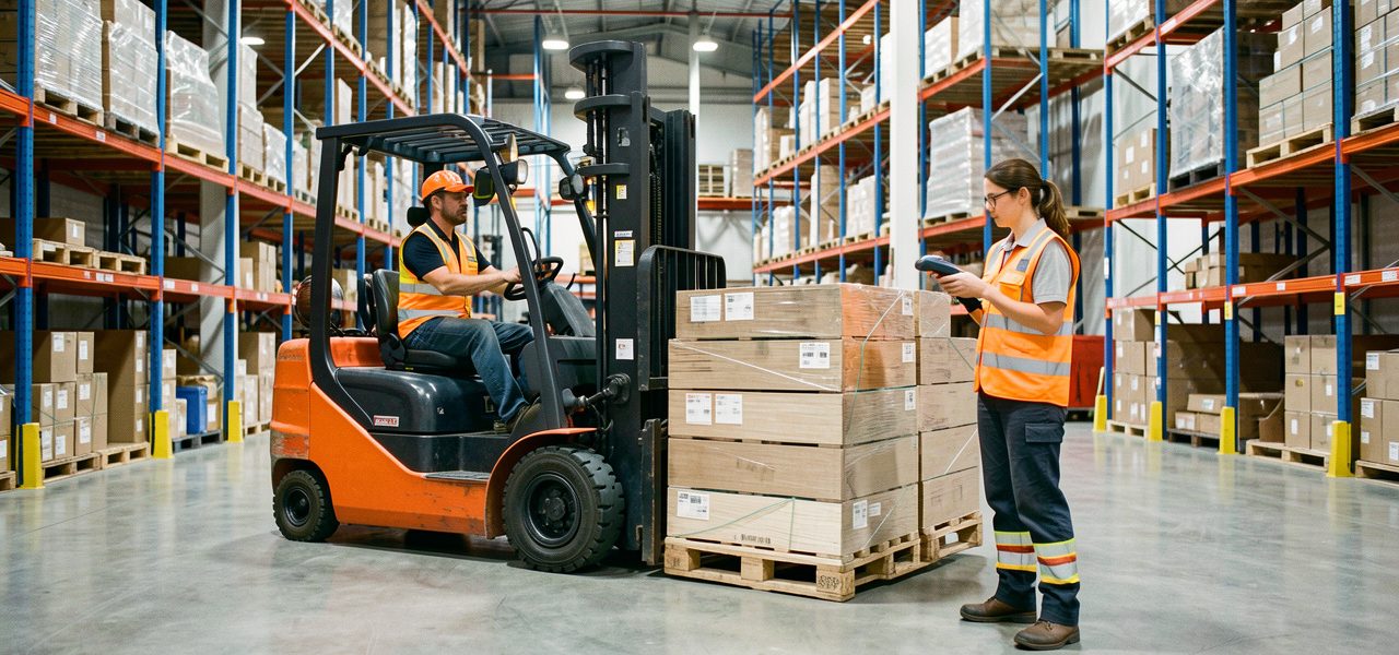 Entrepôt logistique moderne où un cariste charge des palettes tandis qu’une préparatrice de commandes utilise un scanner portable.