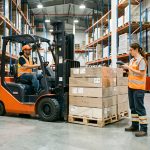 Quels métiers choisir dans le transport intérimaire pour un emploi durable ? Entrepôt logistique moderne où un cariste charge des palettes tandis qu’une préparatrice de commandes utilise un scanner portable.