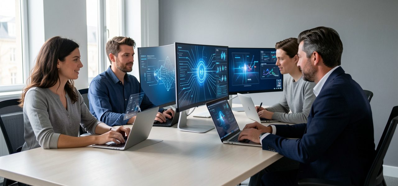 Équipe de bureau française composée de deux femmes et deux hommes collaborant autour d’ordinateurs affichant des visualisations abstraites d’intelligence artificielle, dans une ambiance sobre et professionnelle.
