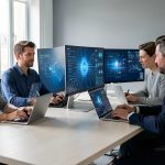 Comment l’IA redessine-t-elle l’emploi, les recrutements et les compétences ? Équipe de bureau française composée de deux femmes et deux hommes collaborant autour d’ordinateurs affichant des visualisations abstraites d’intelligence artificielle, dans une ambiance sobre et professionnelle.