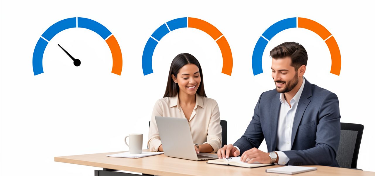 Infographie sobre présentant trois jauges visuelles distinctes en bleu et orange, avec une femme et un homme dans un environnement de travail.