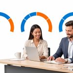 Comment décrypter les chiffres trompeurs de l’emploi des personnes handicapées ? Infographie sobre présentant trois jauges visuelles distinctes en bleu et orange, avec une femme et un homme dans un environnement de travail.