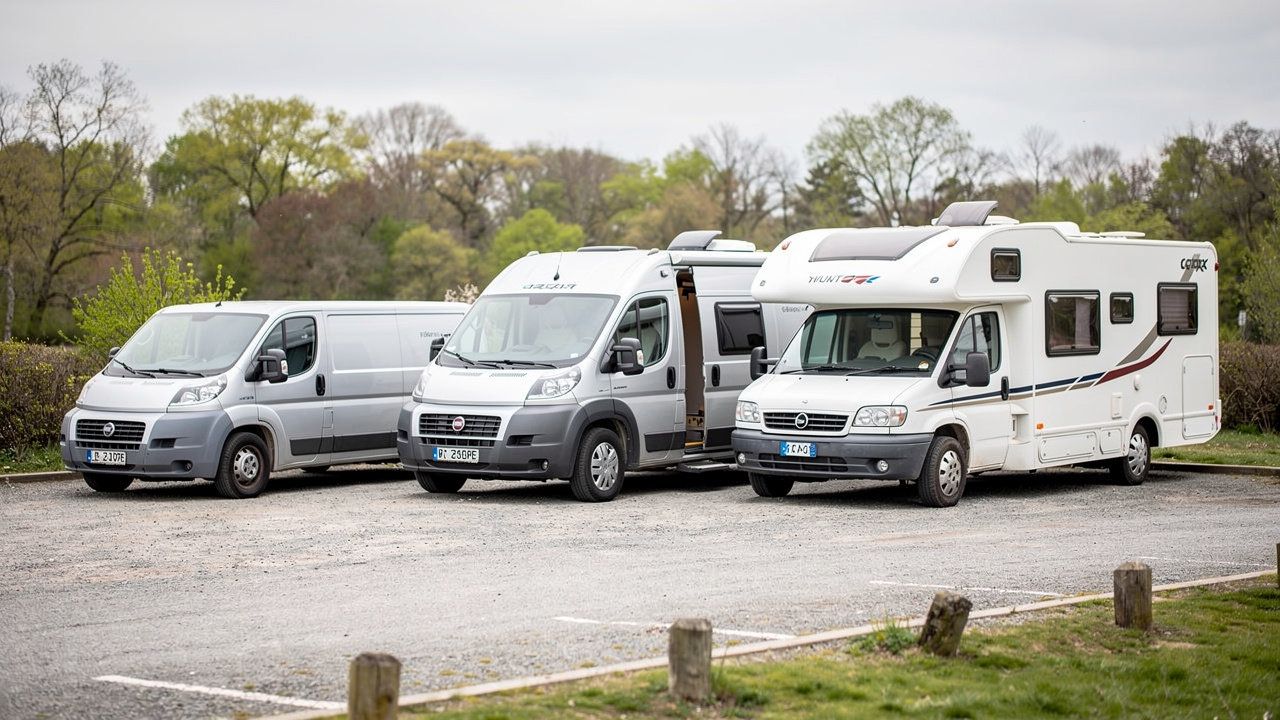 Comparaison visuelle d’un van aménagé, d’un fourgon aménagé et d’un camping-car stationnés côte à côte sur une aire de stationnement, vus de trois quarts.