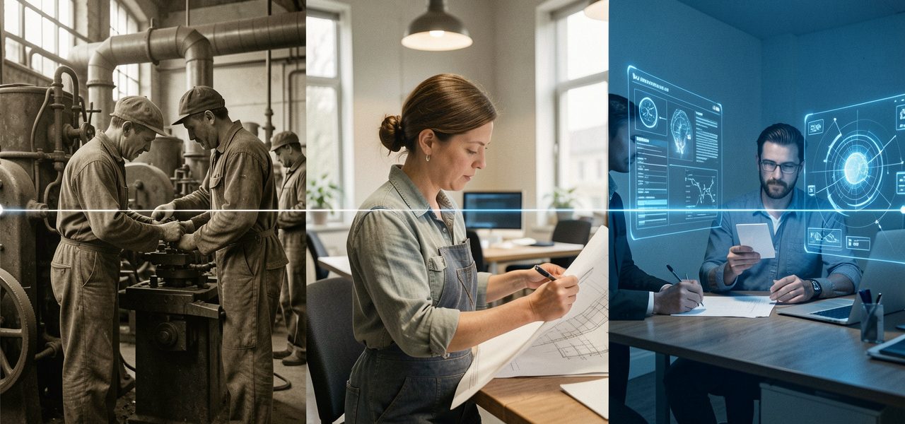 Illustration éditoriale réaliste montrant plusieurs générations de travailleurs, de l’usine du XIXe siècle au bureau moderne avec une intelligence artificielle abstraite.
