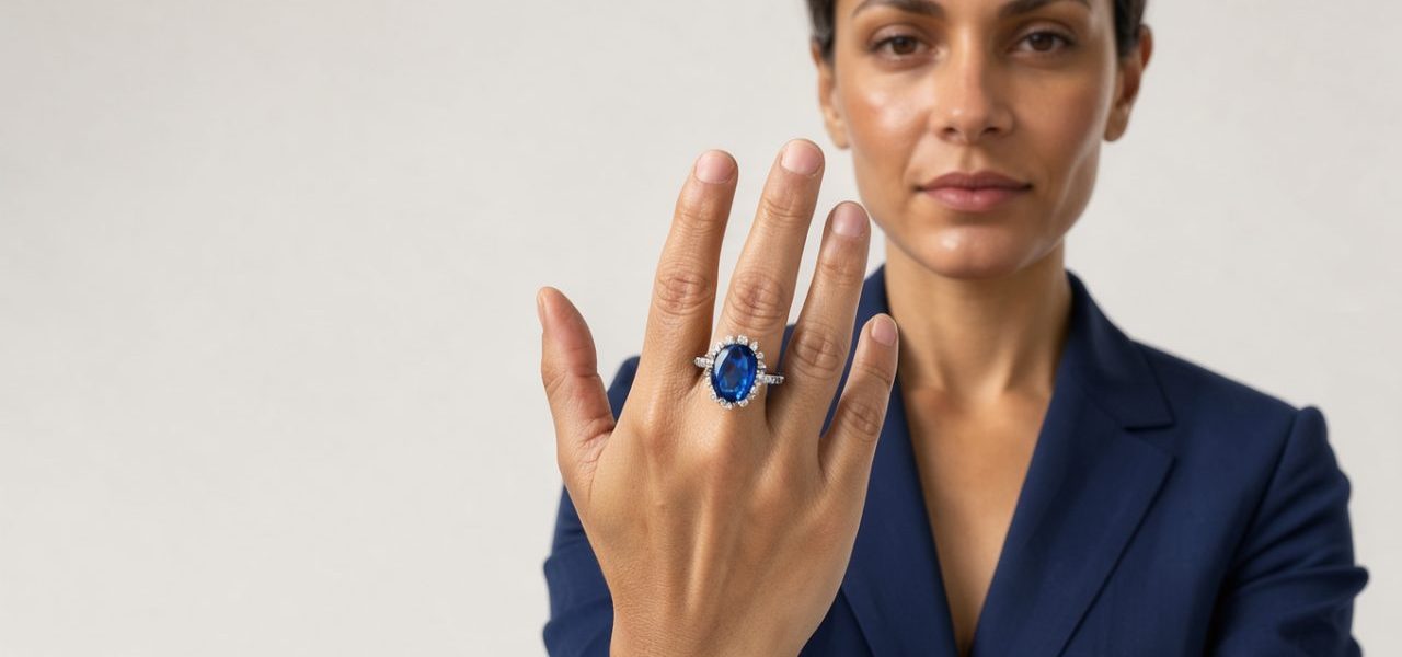 Portrait éditorial d’une femme élégante en tenue bleu marine présentant une bague ovale bleue entourée de petites pierres blanches, éclairée par une lumière naturelle.