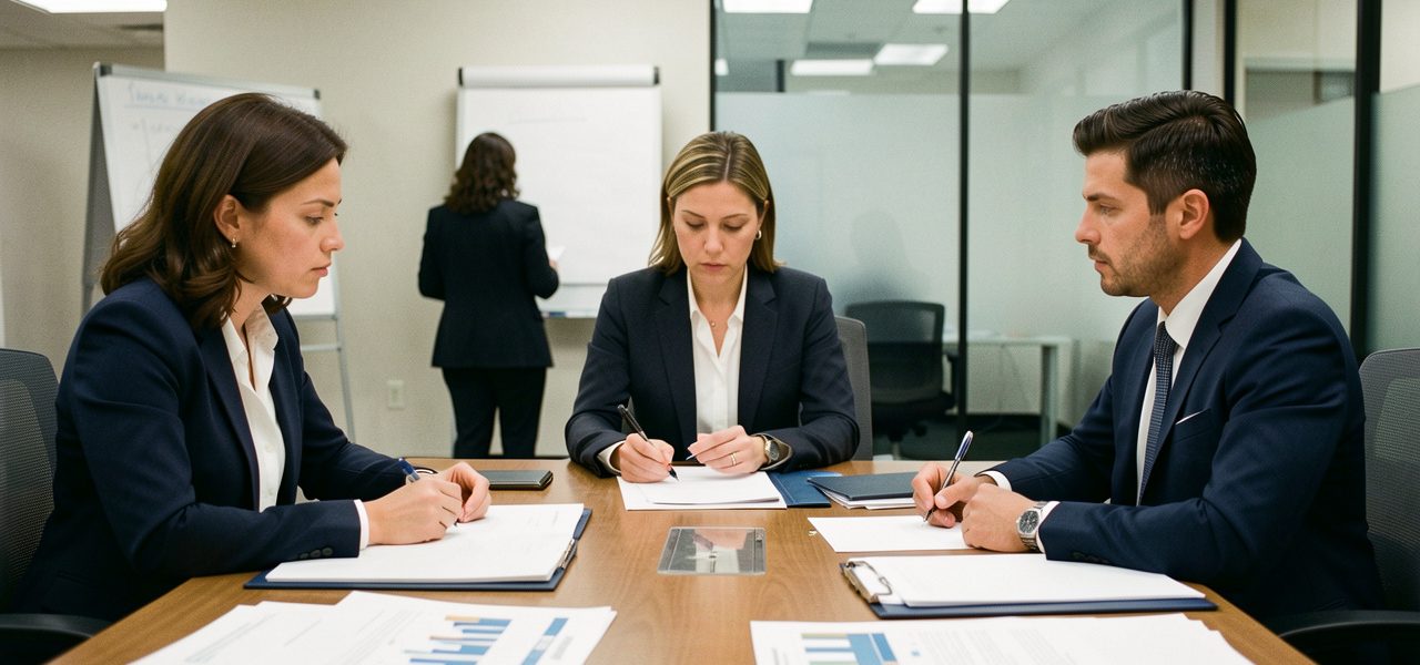Réunion sobre et professionnelle d’un comité social et économique dans une grande entreprise de distribution, avec plusieurs membres examinant des documents de restructuration vierges autour d’une table.
