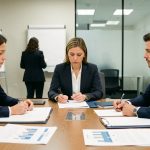 Comment le Conseil d’État encadre-t-il le PSE Auchan et les restructurations ? Réunion sobre et professionnelle d’un comité social et économique dans une grande entreprise de distribution, avec plusieurs membres examinant des documents de restructuration vierges autour d’une table.