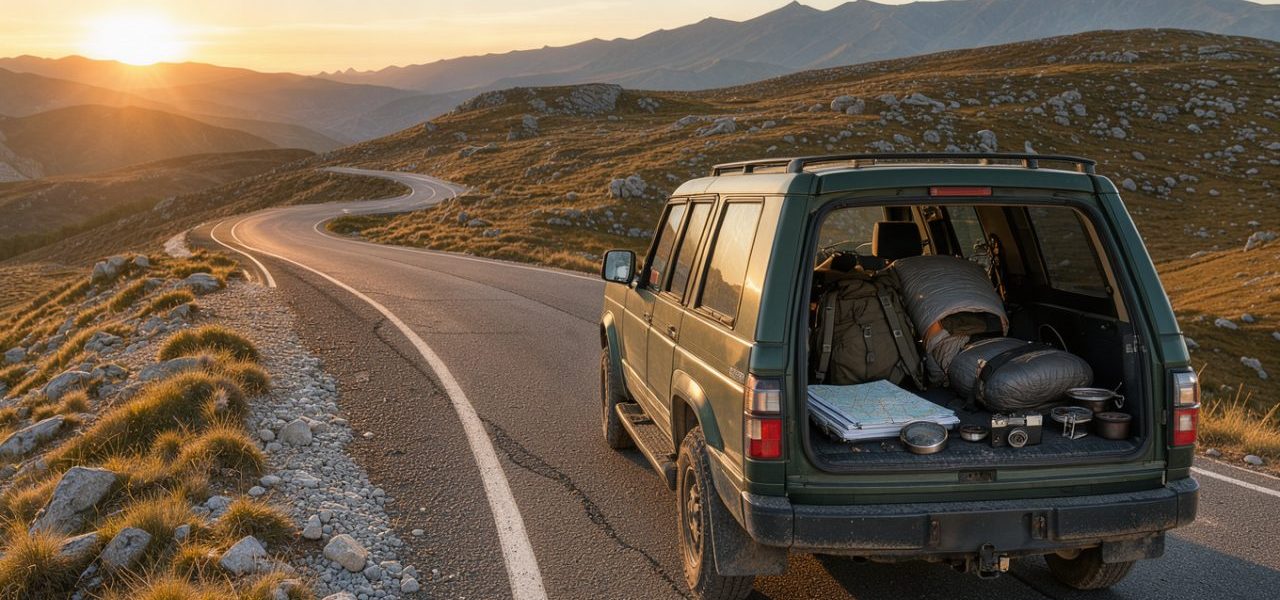 Véhicule de voyage discret sur une route panoramique au lever du soleil, entouré de cartes vierges et d’équipements de road trip.