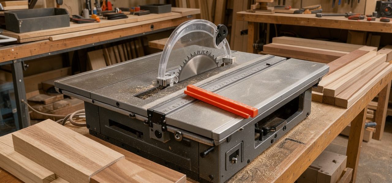 Scie sur table moderne équipée de dispositifs de protection et d’accessoires de sécurité dans un atelier de menuiserie bien organisé.