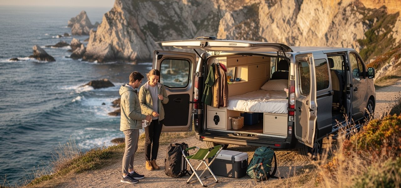 Un van aménagé compact stationné face à une côte française, avec un homme et une femme préparant leurs affaires pour un road trip sous une lumière naturelle.